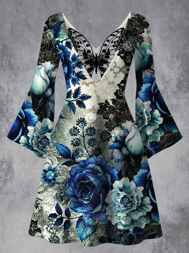 Retro Floral Art Printed Vintage Lace Butterfly Pleated Waist Long Sleeves Midi Dress