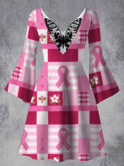 Pink Breast Cancer Art Printed Vintage Lace Butterfly Pleated Waist Long Sleeves Midi Dress
