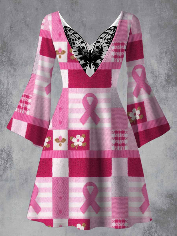 Pink Breast Cancer Art Printed Vintage Lace Butterfly Pleated Waist Long Sleeves Midi Dress