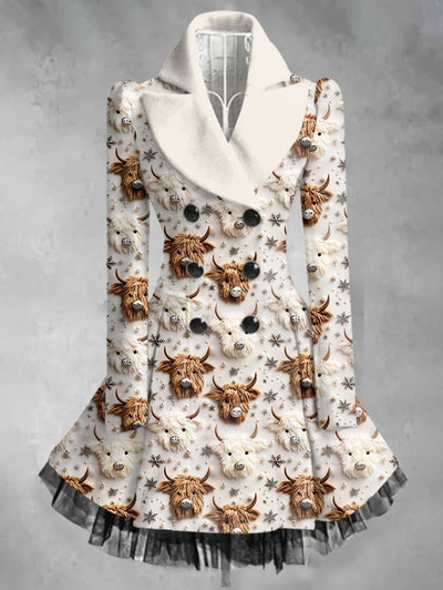 Highland Cow Art Print Vintage Elegant Lapel V-Neck Button Up Long Sleeve Coat Dress