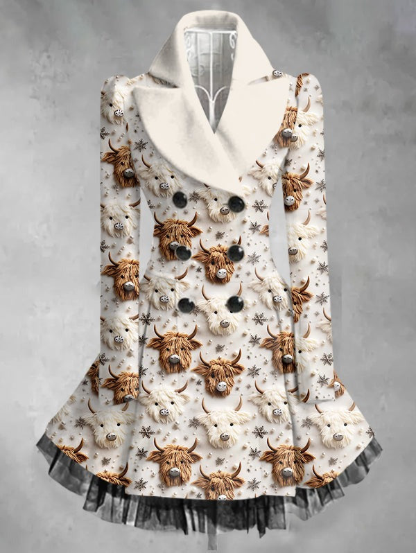 Highland Cow Art Print Vintage Elegant Lapel V-Neck Button Up Long Sleeve Coat Dress