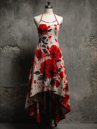 Retro Floral Art Printed Vintage Comfortable Elasticity Strappy Irregular Midi Dress