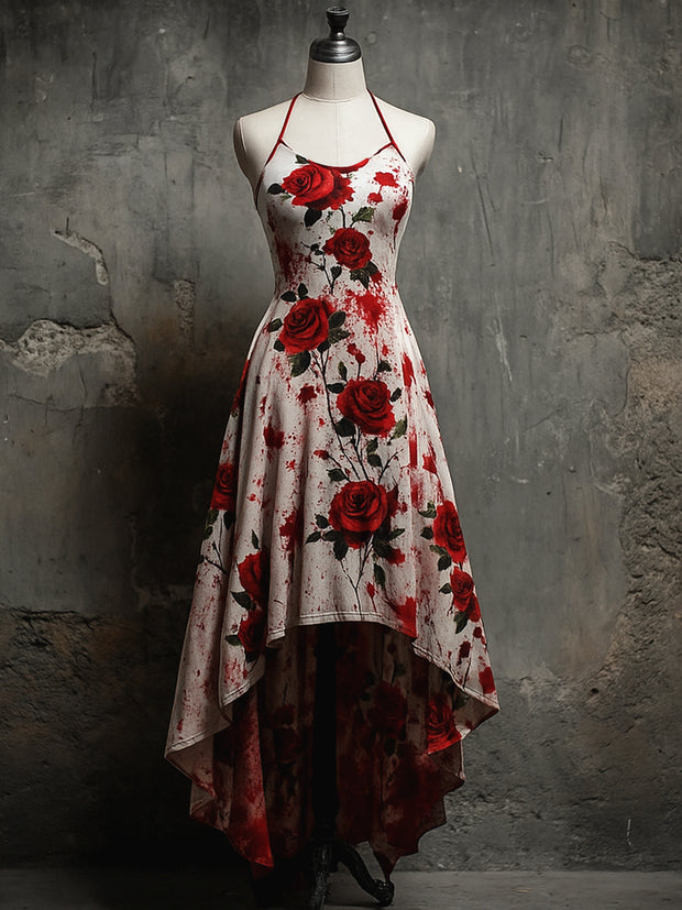 Retro Floral Art Printed Vintage Comfortable Elasticity Strappy Irregular Midi Dress