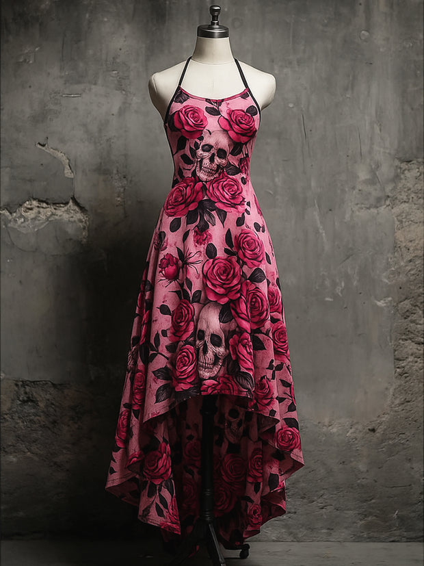 Retro Floral Art Printed Vintage Comfortable Elasticity Strappy Irregular Midi Dress