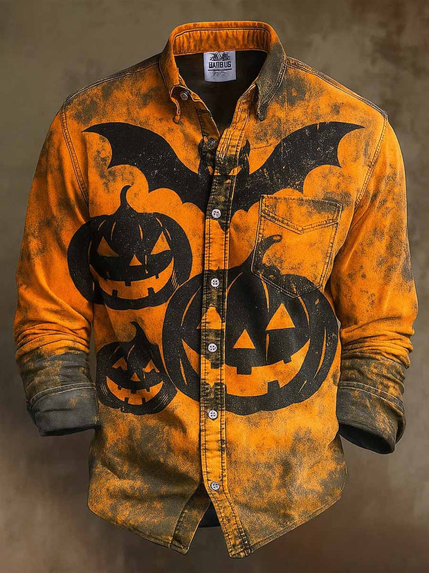 Retro Halloween Gothic Art Abstract Printed Cotton Vintage Casual Cotton Long Sleeve Shirt