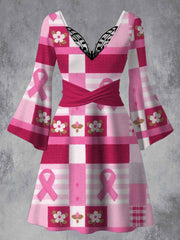 Pink Breast Cancer Art Printed Vintage Lace Butterfly Pleated Waist Long Sleeves Midi Dress