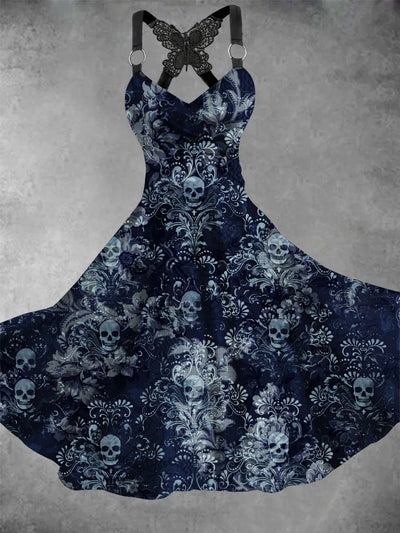 Retro Halloween Gothic Floral Art Printed Vintage V-Neck Pleated Butterfly Cross-Wrap Midi Dress