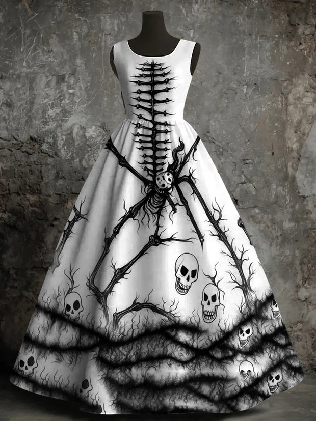 Halloween Skull Art Print Round Neck Vintage Sleeveless Midi Dress