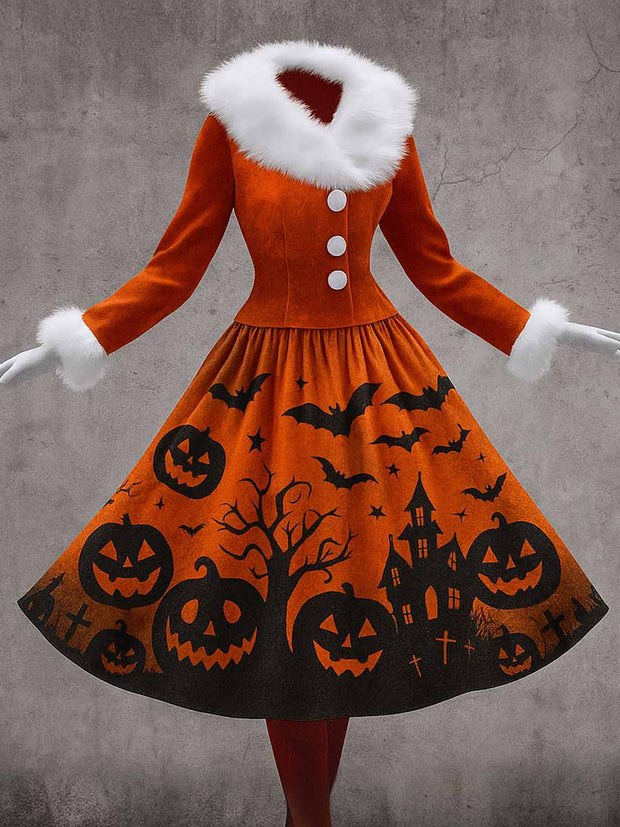 Halloween Gothic Art Printed Vintage Elegant Furry Fur Collar Long Sleeve Midi Dress