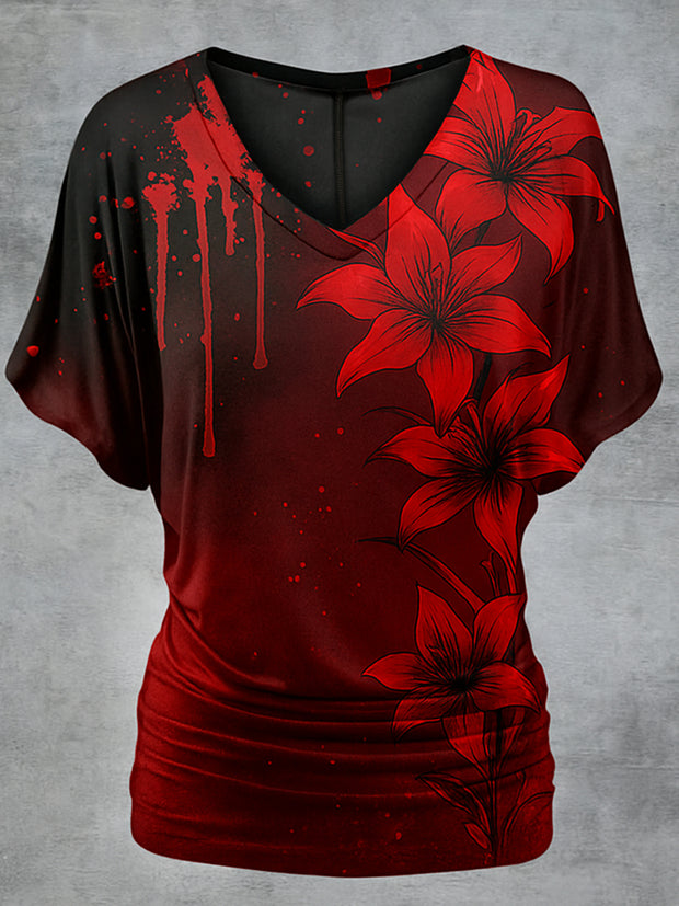 Retro Happy Halloween Floral Printed Vintage Lapel V-Neck Vintage Relaxed Loose Batwing Sleeve Top