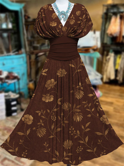 Retro Floral Art Printed Elegant V-Neck Vintage Batwing Short Sleeve Maxi Dress
