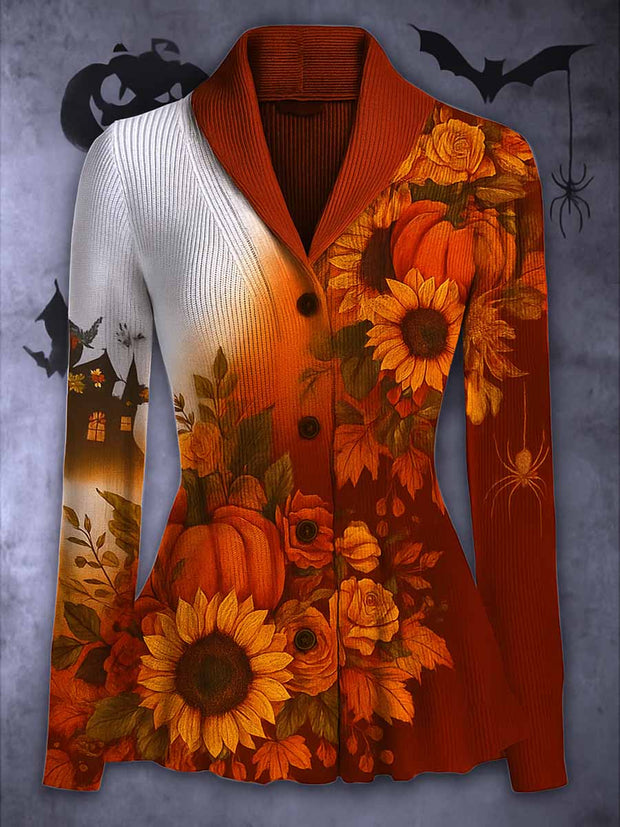 Gothic Halloween Floral Art Printed Vintage Lapel V-Neck Long-Sleeved Button-up Cardigan Top