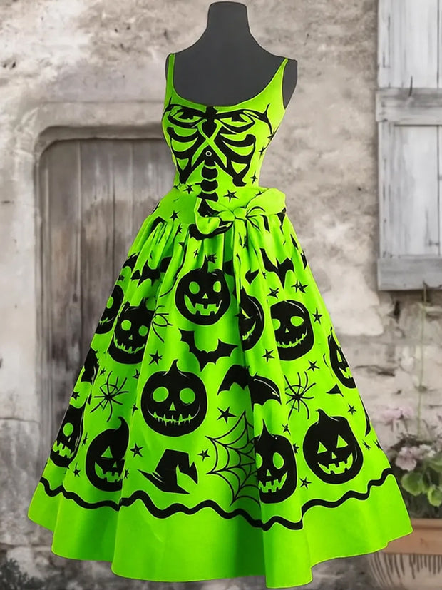 Gothic Pumpkin Art Print Round Neck Sleeveless Maxi Dress
