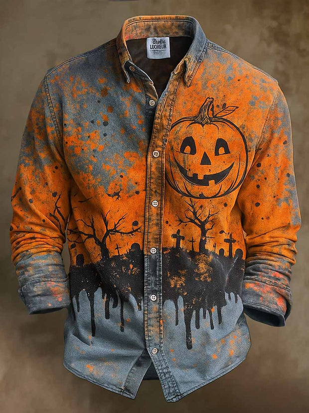 Retro Halloween Gothic Art Abstract Printed Cotton Vintage Casual Cotton Long Sleeve Shirt