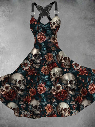 Retro Halloween Gothic Floral Art Printed Vintage V-Neck Pleated Butterfly Cross-Wrap Midi Dress