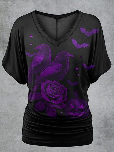 Retro Happy Halloween Floral Printed Vintage Lapel V-Neck Vintage Relaxed Loose Batwing Sleeve Top
