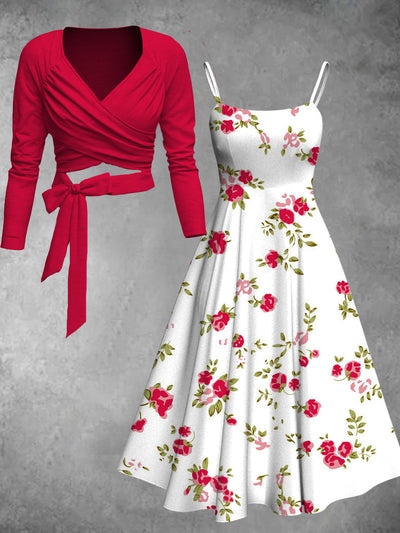 Retro Floral Art Printed Vintage Unique Slim Fit Cross Wrap Long Sleeve Two-Piece Midi Dress