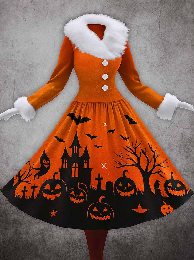 Halloween Gothic Art Printed Vintage Elegant Furry Fur Collar Long Sleeve Midi Dress