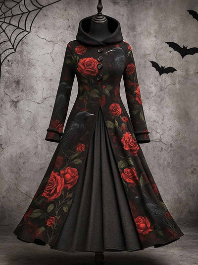 Gothic Floral Art Print Vintage Long Sleeve Hooded Maxi Dress
