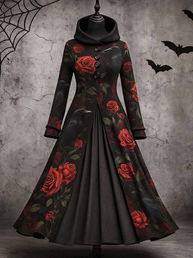 Gothic Floral Art Print Vintage Long Sleeve Hooded Maxi Dress