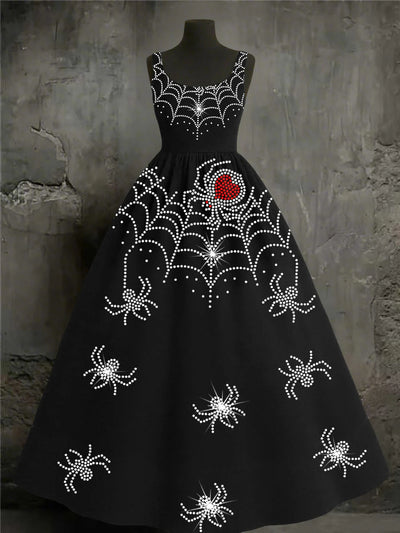 Halloween Spiders Art Print Round Neck Vintage Sleeveless Midi Dress