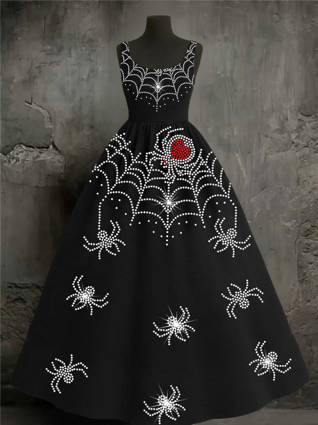 Halloween Spiders Art Print Round Neck Vintage Sleeveless Midi Dress