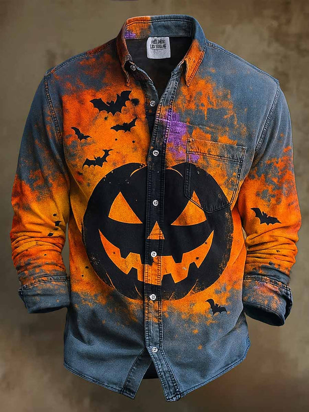 Retro Halloween Gothic Art Abstract Printed Cotton Vintage Casual Cotton Long Sleeve Shirt