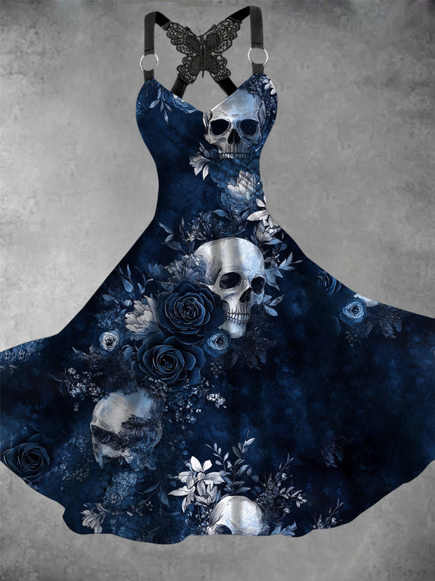 Retro Halloween Gothic Floral Art Printed Vintage V-Neck Pleated Butterfly Cross-Wrap Midi Dress