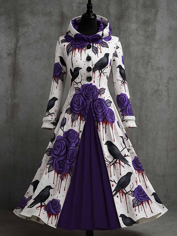 Gothic Crow Art Print Vintage Long Sleeve Hooded Maxi Dress