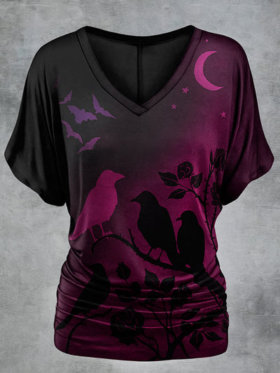 Retro Happy Halloween Floral Printed Vintage Lapel V-Neck Vintage Relaxed Loose Batwing Sleeve Top