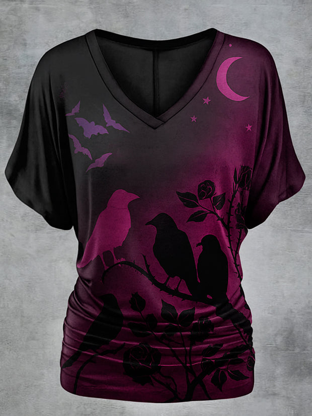 Retro Happy Halloween Floral Printed Vintage Lapel V-Neck Vintage Relaxed Loose Batwing Sleeve Top