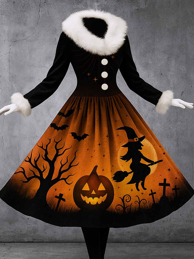 Halloween Art Print Vintage Elegant Furry Fur Collar Long Sleeve Midi Dress