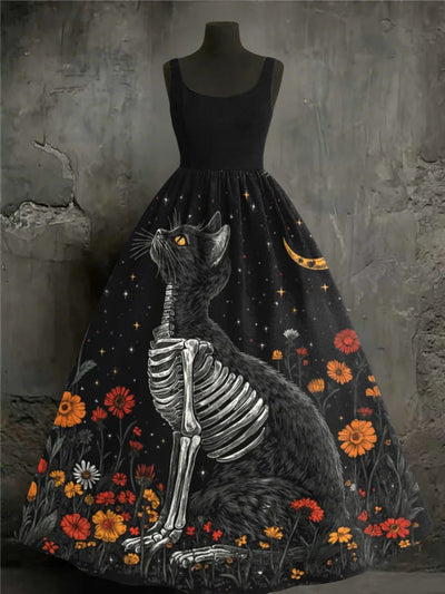 Gothic Black Cat Art Print Vintage Sleeveless Maxi Dress