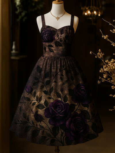 Retro Floral Art Printed Vintage Chic Pleated Waist Slip Midi Dress