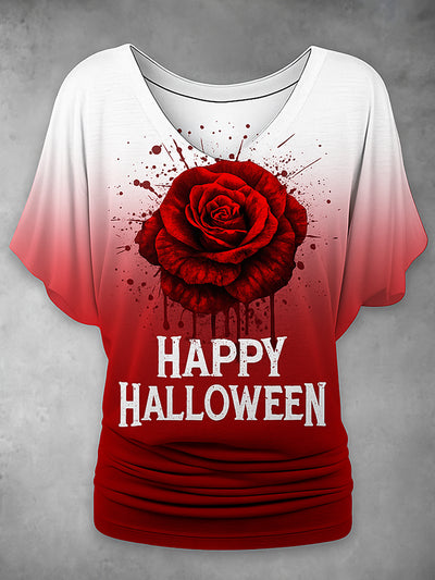 Retro Happy Halloween Floral Printed Vintage Lapel V-Neck Vintage Relaxed Loose Batwing Sleeve Top