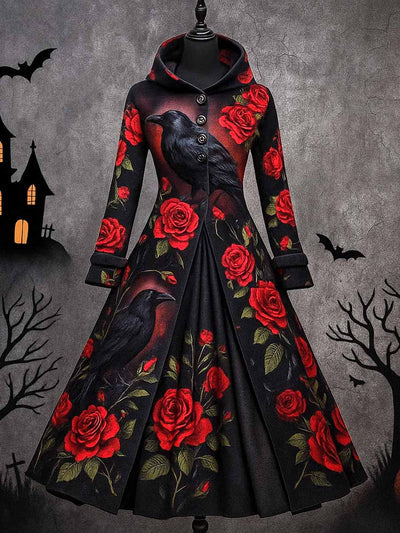 Gothic Crow Floral Art Print Vintage Long Sleeve Hooded Maxi Dress