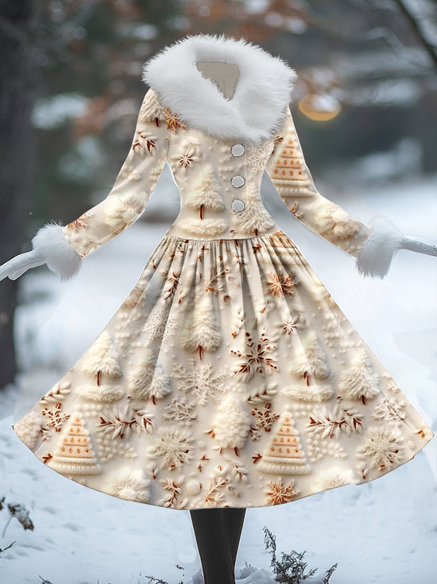 Christmas Tree Art Print Vintage Elegant Fur Collar Long Sleeve Midi Dress