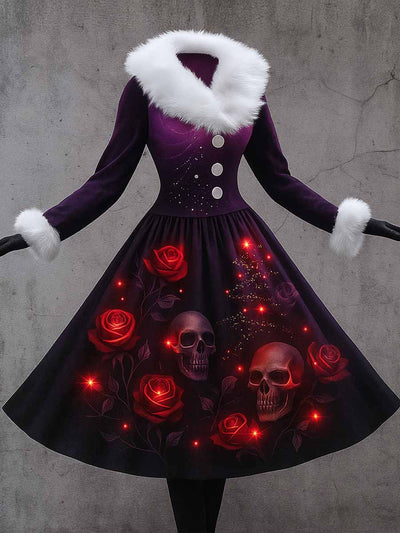 Halloween Gothic Floral Art Printed Vintage Elegant Furry Fur Collar Long Sleeve Midi Dress