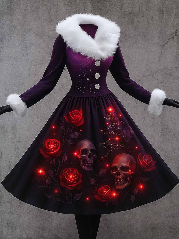 Halloween Gothic Floral Art Printed Vintage Elegant Furry Fur Collar Long Sleeve Midi Dress
