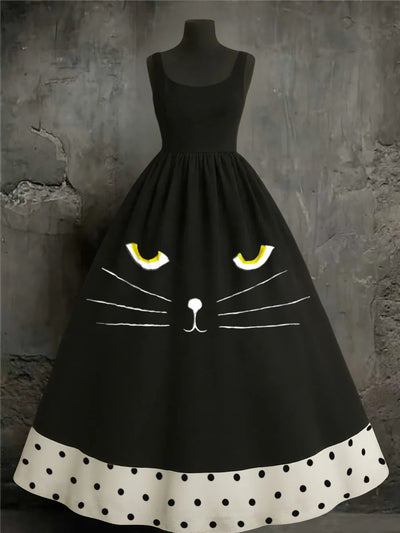 Cute Cats Art Print Round Neck Vintage Sleeveless Maxi Dress