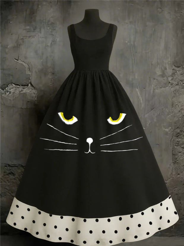 Cute Cats Art Print Round Neck Vintage Sleeveless Maxi Dress