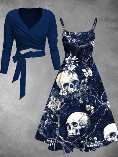Retro Floral Art Printed Vintage Unique Slim Fit Cross Wrap Long Sleeve Two-Piece Midi Dress