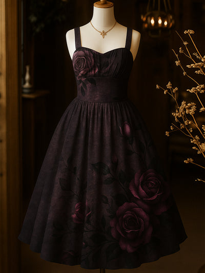 Retro Floral Art Printed Vintage Chic Pleated Waist Slip Midi Dress