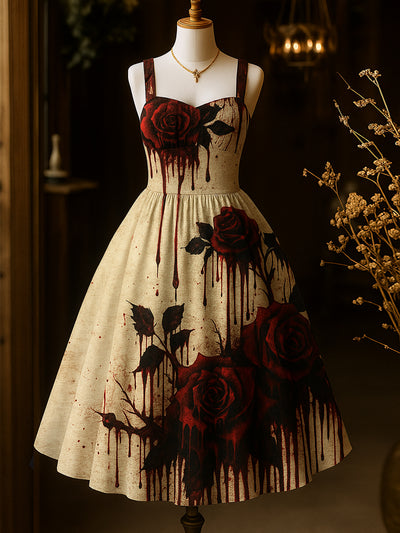 Retro Floral Art Printed Vintage Chic Pleated Waist Slip Midi Dress