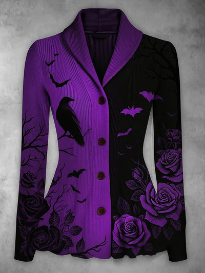 Gothic Crow Art Print Vintage Long Sleeve Lapel Button-up Cardigan