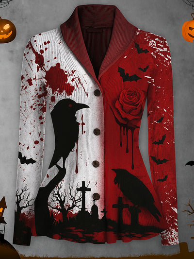 Gothic Crow Art Print Vintage Long Sleeve Lapel Button-up Cardigan