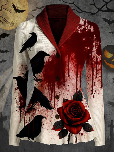 Gothic Crow Art Print Vintage Long Sleeve Lapel Button-up Cardigan