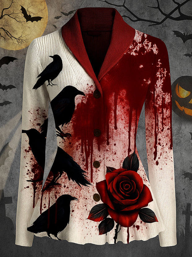 Gothic Crow Art Print Vintage Long Sleeve Lapel Button-up Cardigan