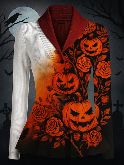 Halloween Pumpkin Art Print Vintage Long Sleeve Lapel Button-up Cardigan