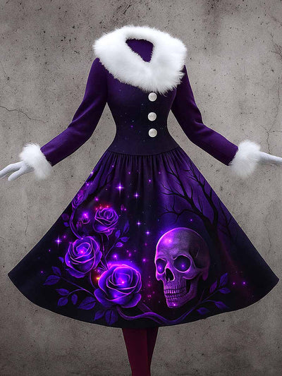 Gothic Skull Art Print Vintage Elegant Furry Fur Collar Long Sleeve Midi Dress